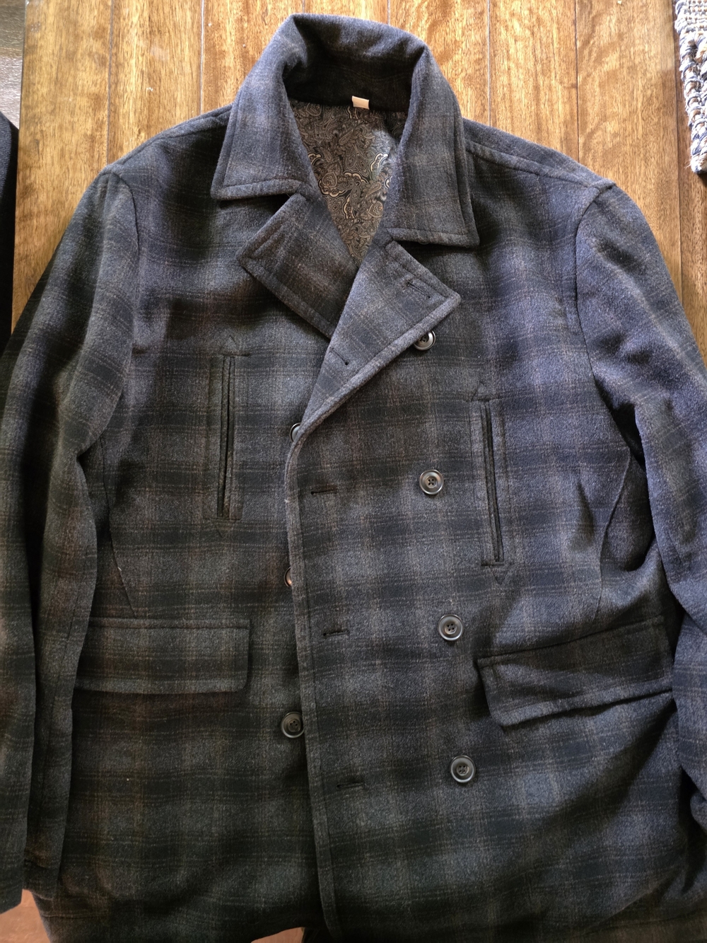 Joseph Abboud Men's Double-Breasted Plaid Pea Coat in Navy and Gray